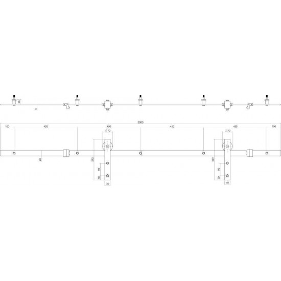 Schuifdeursysteem 2 meter, hangrollen recht, staal antiek finsh